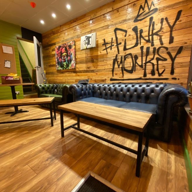 Funky Monkey Cafe recycled rustic reclaimed pallet wood wall cladding