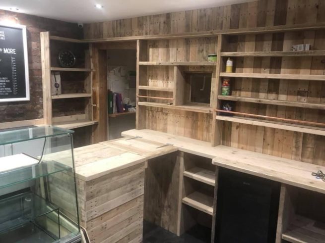 Reclaimed wood wall cladding Village Bakery Retail Refurb with reclaimed pallet wood for a rustic, charming, homely effect